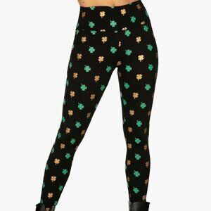 Tipsy Elves NWT Black Green &‎ Gold Foil Clover High-Waisted Leggings st patrick